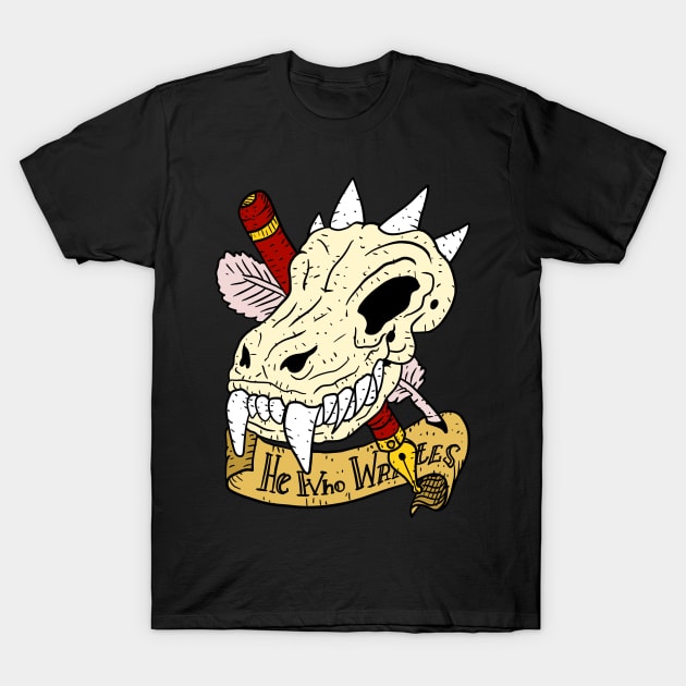 fantasy writer, dungeon keeper, dragon skull and pens. T-Shirt by JJadx